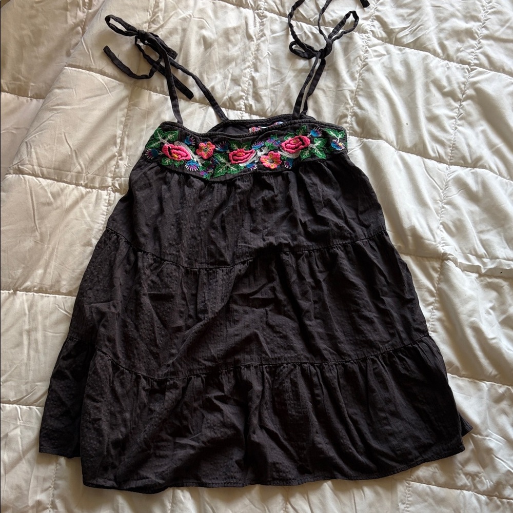 Urban Outfitters Black Tie-Strap Camisole with Floral Embroidery